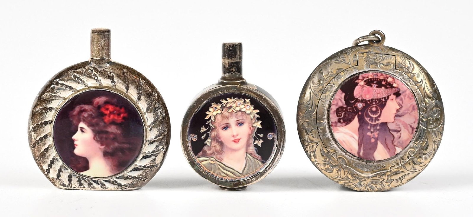 LOT OF 3: SILVER PERFUME BOTTLES WITH ENAMEL PRINTS OF WOMEN (1 of 3)