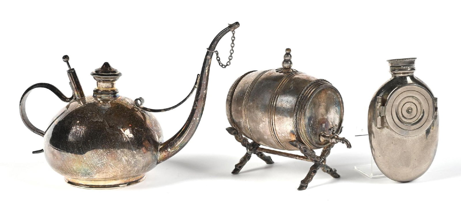 LOT OF 3: SILVERPLATE PERFUME FLASKS INCLUDING BARREL, TEAPOT & PAINTER'S PALETTE (1 of 4)