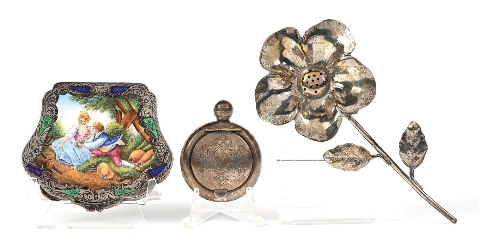 LOT OF 3: STERLING SILVER COMPACTS & SMELLING SALT FLOWER (1 of 3)
