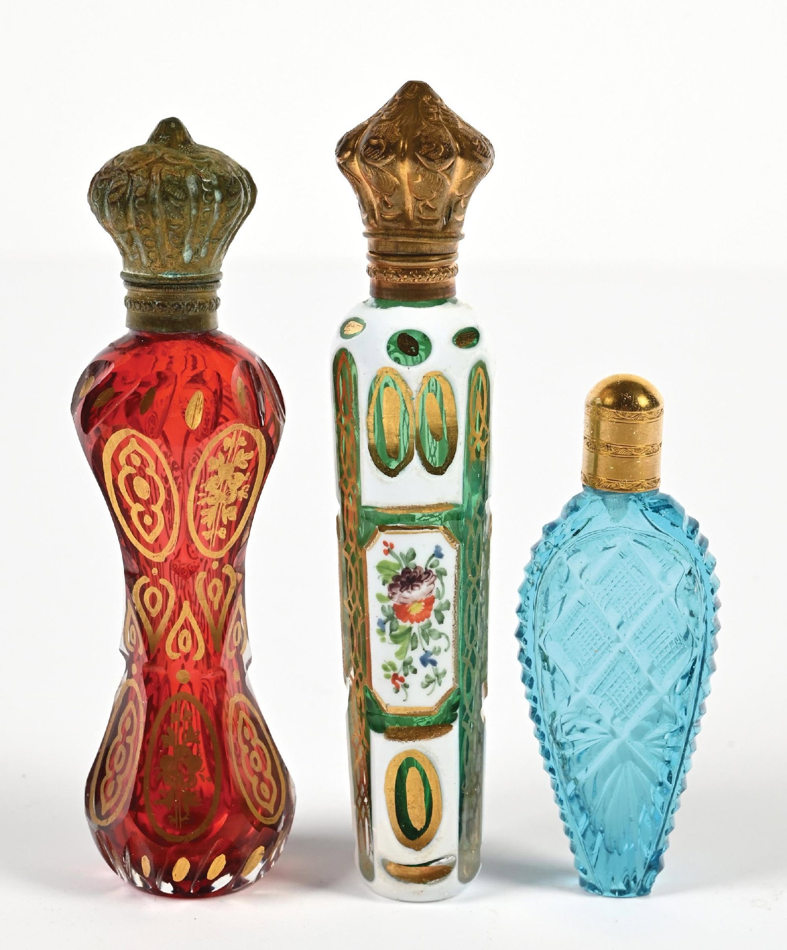 LOT OF 3: ART GLASS SCENT BOTTLES WITH GILT DECORATION AND BRASS MOUNTS (1 of 5)