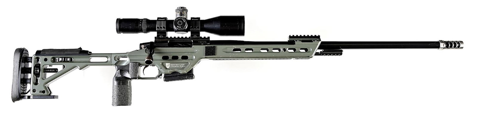(C) CURTIS VECTOR 6.5X47MM BOLT ACTION RIFLE IN MPA CHASSIS.: Although unmarked, rifle is chambered for 6.5x47mm Lapua with a Hawk Hill barrel as per the consignor. Four chamber muzzle brake on a heavy taper barrel married to a Curtis Vector action with spiral f
