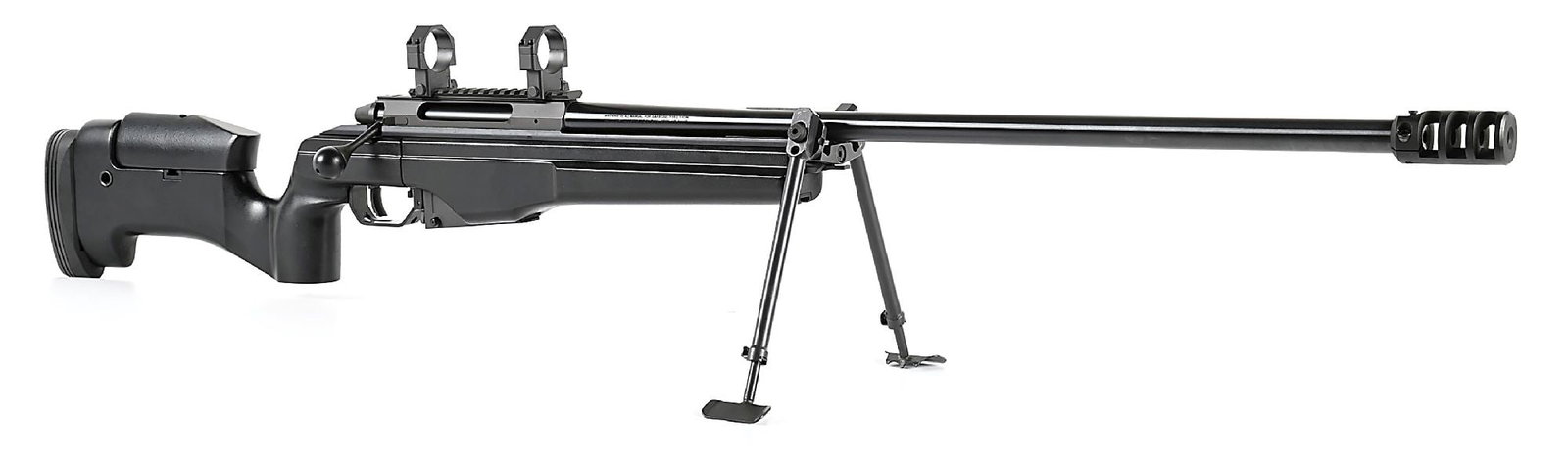 (M) SAKO TRG-42 .300 WIN MAG BOLT ACTION SNIPER RIFLE.: Manufactured in Finland and imported by Beretta. It features a blued, tapered medium-heavy profile barrel with 3-chamber muzzle brake. Black synthetic target stock with forward accessory rail, pistol 