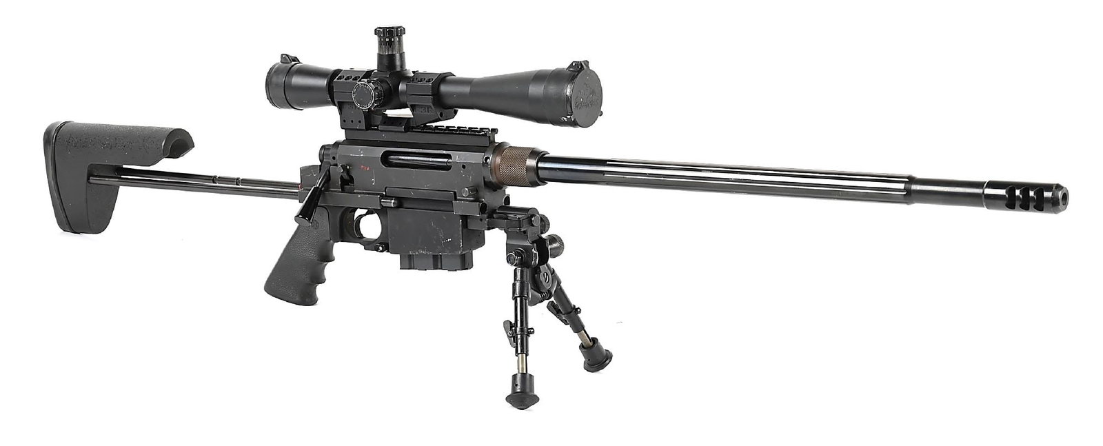 (M) EDM ARMS MINI WINDRUNNER MODEL 06 TAKEDOWN BOLT ACTION SNIPER RIFLE: This remarkably compact takedown rifle fits nicely in its included briefcase sized hard case. Built by EDM Arms of Redlands, California in 7.62 NATO. The blued straight fluted barrel quickly attaches 