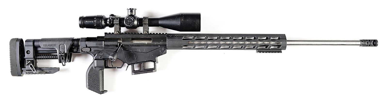 (M) CUSTOMIZED RUGER PRECISION RIFLE 6.5 CREEDMOOR BOLT ACTION RIFLE: Fit with a White Oak Armament heavy profile barrel with a 1:8 twist and topped by a multi-port muzzle brake. 3D printed single shot magazine insert. Classic Ruger furniture, 3D printed vertical pistol