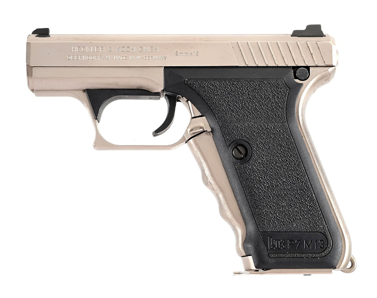 (M) VERY SCARCE NICKEL HECKLER & KOCH P7 M13 SEMI-AUTOMATIC PISTOL. (1 of 6)