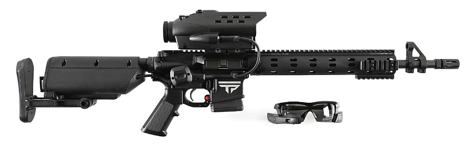 (M) TRACKINGPOINT 556 DANIEL DEFENSE DDM4V7 SEMI-AUTOMATIC RIFLE WITH RECON JET SMART GLASSES.: A remarkable advancement in firearms technology, the TrackingPoint Precision Guided Firearm uses the Xact System which can range, calculate ballistics with numerous variables, tag the target, and guid