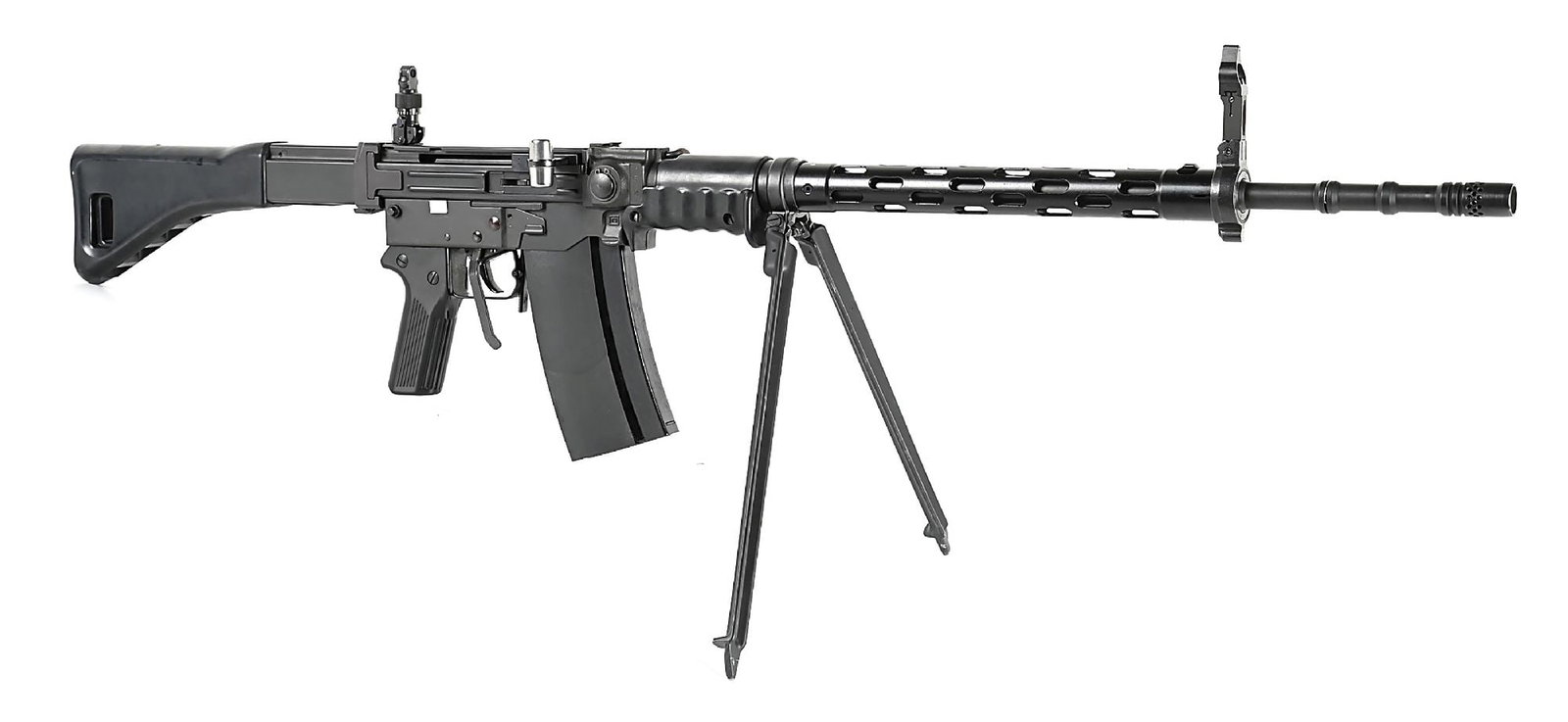 (C) SIG PE57 7.5X55MM SEMI-AUTOMATIC RIFLE WITH SPARE MAGAZINE.: The PE57 or Privat Einzelfeuer rifle is a factory semi-automatic civilian variant of the roller-delayed Stgw. 57 battle rifle manufactured by SIG in Switzerland. These were the only 7.5x55mm civilian 