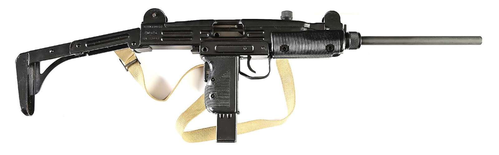 (M) PRE-BAN ACTION ARMS IMI MODEL A UZI SEMI-AUTOMATIC CARBINE WITH DESIRABLE .22 CONVERSION KIT.: Manufactured by IMI in Israel and imported by Action Arms in the 1980s. Standard matte finished import length barrel. Black enamel finished stamped receiver. Standard protected post front sight with n