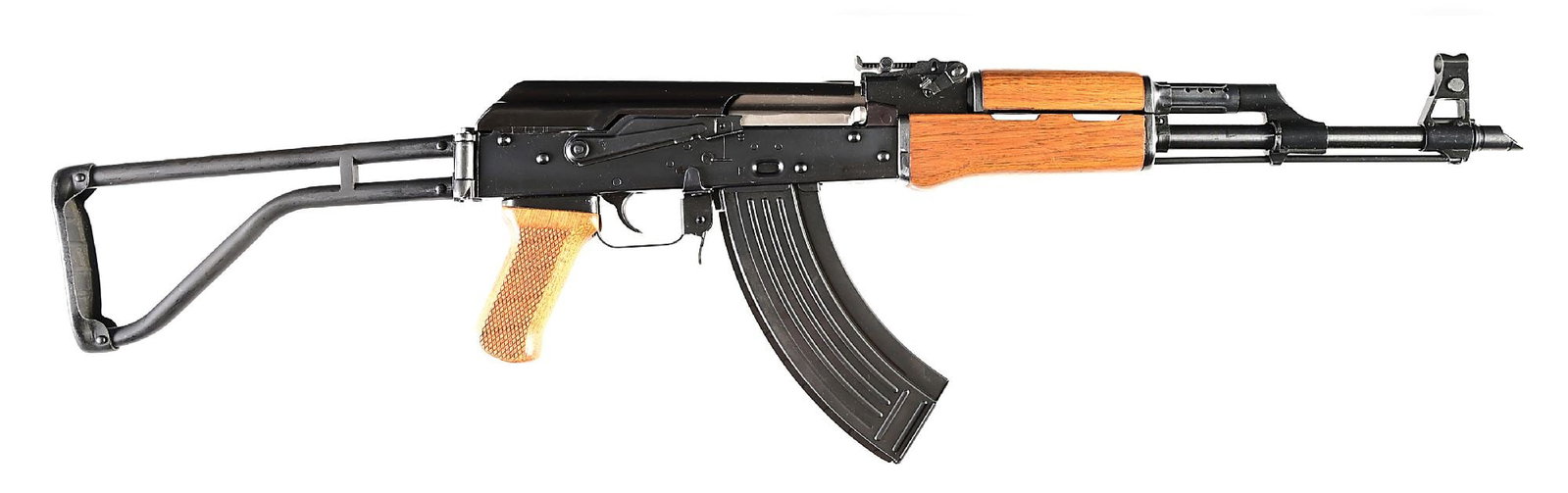 (M) PRE-BAN POLYTECH AKS-762 SIDE FOLDER SEMI-AUTOMATIC RIFLE.: Manufactured in China at Factory 386 circa 1980s and imported by KFS. Rifle is finished in standard blue and is built on a stamped receiver. Threaded barrel with directional muzzle device, hooded post