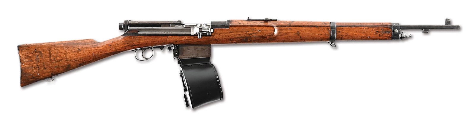 (C) MONDRAGON 1915 (FSK-15) SEMI-AUTOMATIC FLIEGER-SELBSTLADER-KARIBINER: Developed by Manuel Mondragon, who was an officer and later general in the Mexican Army. His developments created some of the most advanced and important military long arms of their day, including can