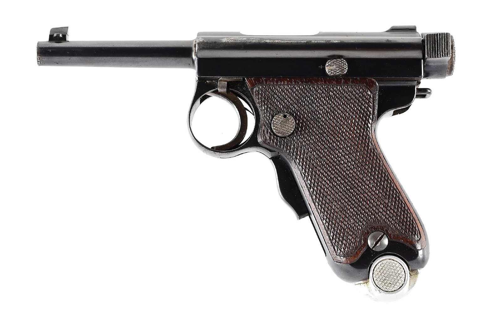 (C) TOKYO GAS AND ELECTRIC BABY NAMBU 7MM SEMI-AUTOMATIC PISTOL WITH HOLSTER.: Rare Type "B" Baby Nambu by Tokyo Gas & Electric with the TGE crest on chamber. Blue finished with checkered wood grips and straw finished levers and trigger, Nickel finished magazine with alloy base.