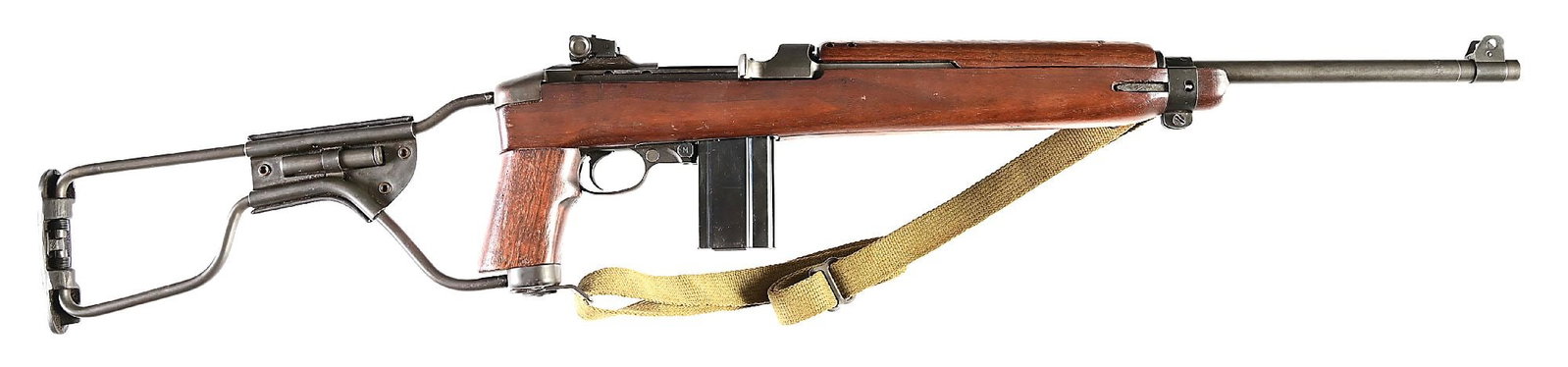 (C) WW2 INLAND M1A1 SEMI AUTO PARATROOPER CARBINE: Manufactured by Inland Division of General Motors with barrel marked "INLAND MFG DIV, GENERAL MOTORS 5-44". Type 2 barrel band with 4 rivet "H.I." marked handguard, "IO" marked folding stock with Ordn