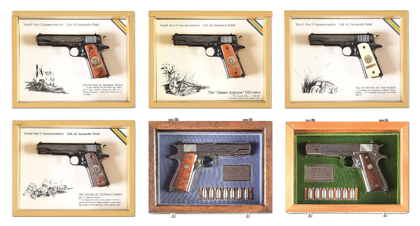 LOT OF 6: COMPLETE SET OF COLT WWI AND WWII COMMEMORATIVE 1911 SEMI-AUTOMATIC PISTOLS WITH CASES. (1 of 15)