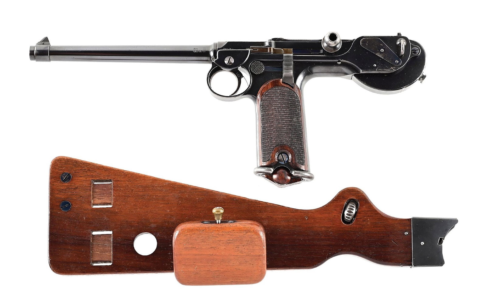 (A) LOEWE C93 BORCHARDT 7.65X25MM SEMI-AUTOMATIC PISTOL WITH STOCK. (1 of 17)