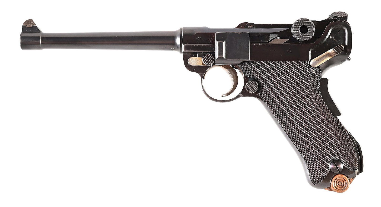 (C) DWM MODEL 1906 COMMERCIAL NAVY LUGER SEMI-AUTOMATIC PISTOL: This 1906 Commercial Navy Luger is a highly sought-after, pre-WWI variant manufactured by DWM (Deutsche Waffen und Munitionsfabriken). Designed with a 6" barrel and a grip safety, it features the icon