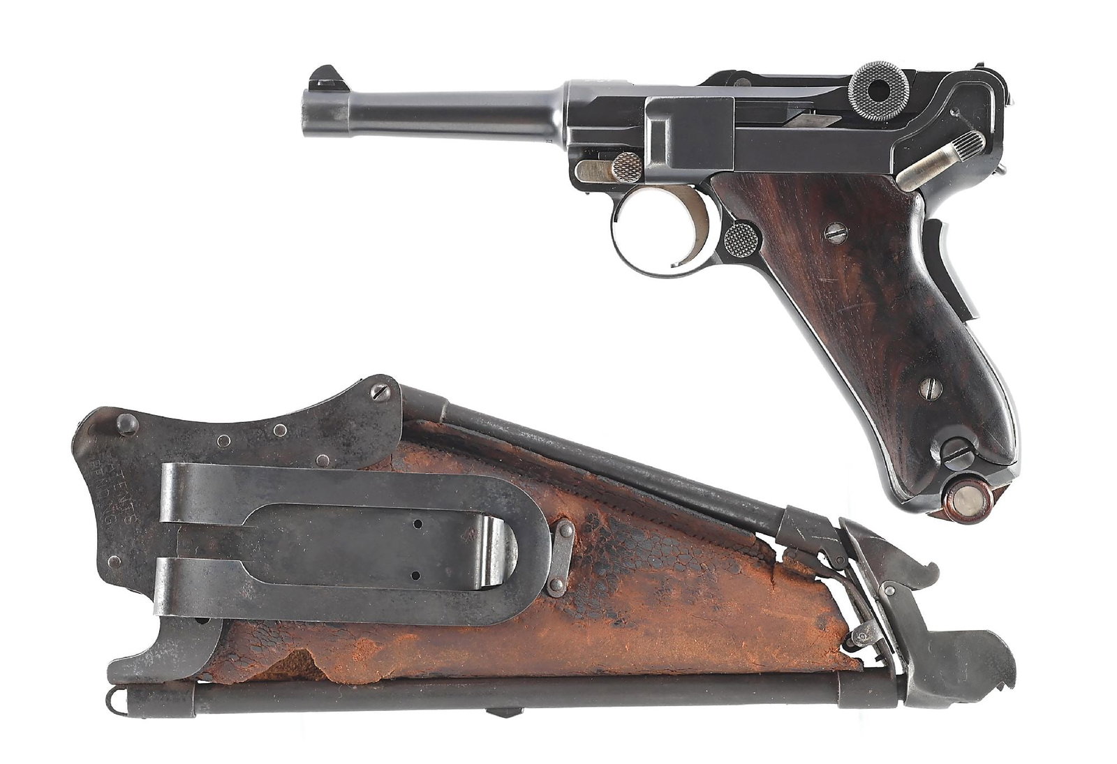 (C) DWM 1906 AMERICAN EAGLE 9MM SEMI-AUTOMATIC PISTOL WITH IDEAL STOCK/HOLSTER.: 1906 Model DWM American Eagle Luger rig with original Ideal grips and stock/holster combo. The Ideal Holster Company patented their grips and stock in 1901, using special grip panels to secure the hol
