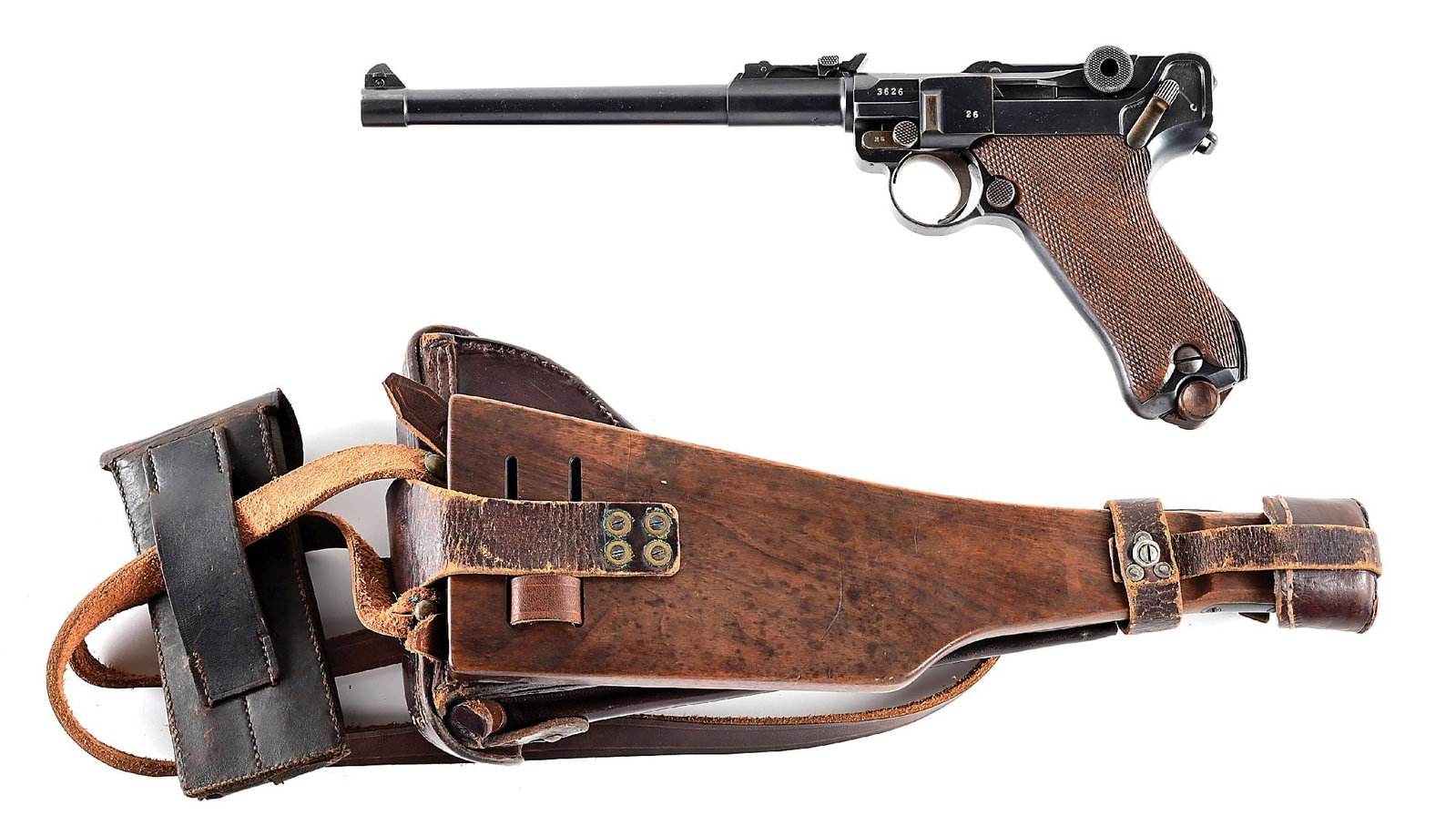 (C) DWM LP.08 LUGER 9MM SEMI-AUTOMATIC PISTOL WITH HOLSTER AND STOCK.: The LP or Lange Pistole 08 is commonly known as an Artillery luger. This is a World War I-era pistol rig complete with Board shoulder stock. Leather holster and magazine pouch. The pistol features an 