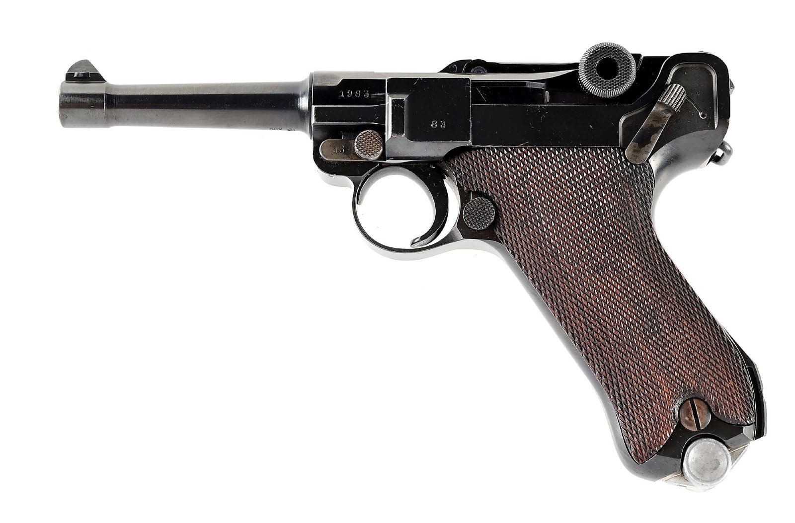 (C) WW2 LUFTWAFFE KRIEGHOFF S CODE P.08 9MM LUGER SEMI-AUTOMATIC PISTOL.: Krieghoff "S" code P.08 Luger manufactured 1936 for the Luftwaffe (German Air Force). Germany had adopted the code system "S" for the years of manufacture and later used alpha codes to conceal their p