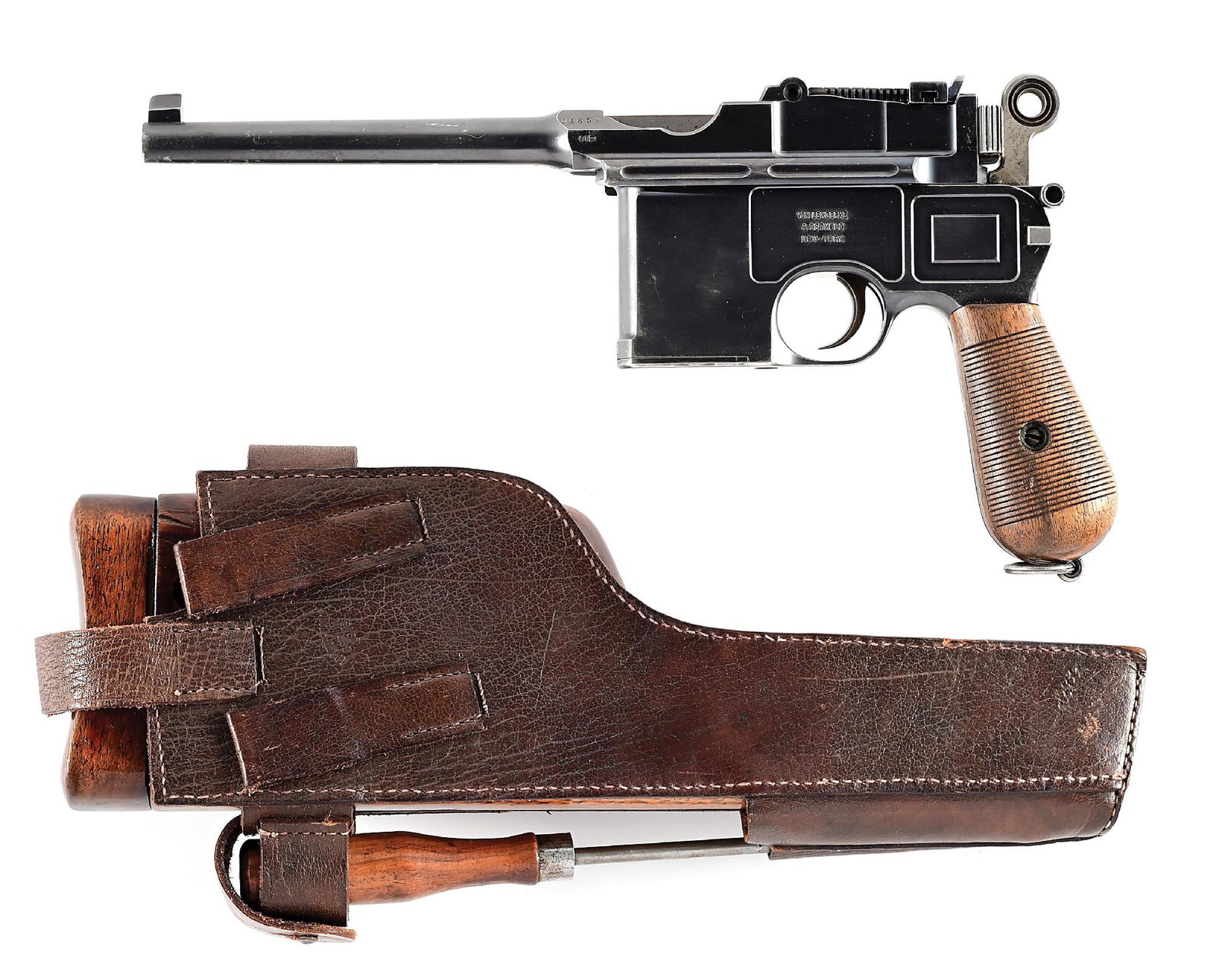 (C) MAUSER LARGE RING C96 PISTOL WITH STOCK AND HOLSTER RETAILED BY VL&D NEW YORK: Manufactured 1903. Large Ring Mauser C96 commercial pistol with numbers matching shoulder stock/holster. Commercially retailer marked "VON LENGERKE & DETMOLD NEW YORK" on left side of frame. VL&D was 