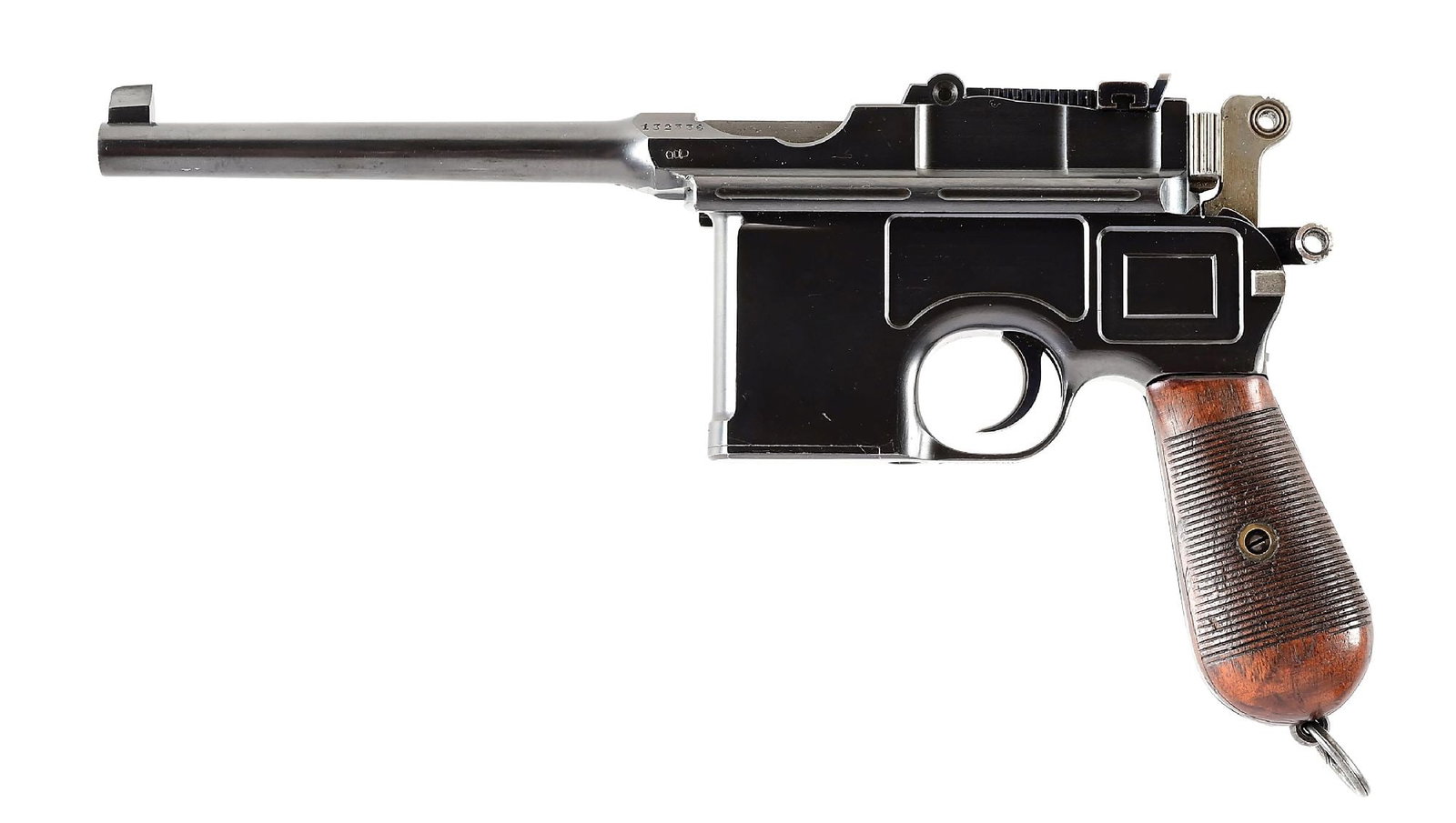(C) STUNNING EARLY SIAMESE CONTRACT C96 MAUSER BROOMHANDLE PISTOL: Manufactured 1911-1915 by Mauser. Bright commercial blue finished metal with bright polished bolt assembly and peacock blue finished trigger, safety lever, sight slide, and bolt guide. Rear sight grad