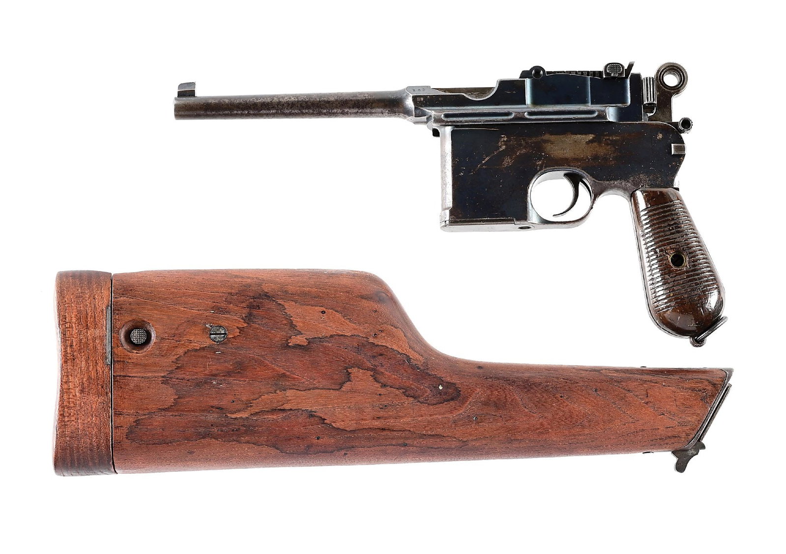 (C) ITALIAN CONTRACT MAUSER C96 LARGE RING FLAT SIDE BROOMHANDLE SEMI-AUTOMATIC PISTOL WITH: This is a very fine example and all original. Made in 1899. Made with a flat profile frame, hence the collector’s term “flat side”. This is an early gun with the large ring hammer. T