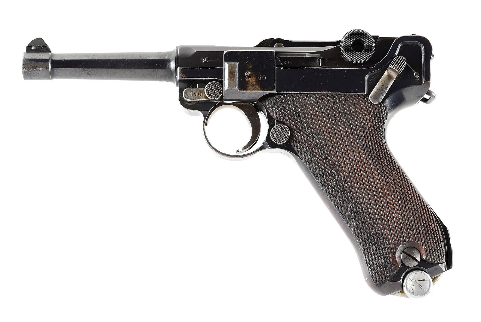 (C) MAUSER K DATE S/42 LUGER SEMI-AUTOMATIC PISTOL WITH HOLSTER.: Important K date (1934) serial number 40 P.08 S/42 code Luger with holster. The importance of these guns is based upon that these are the first German military contract Luger pistols and were a direct