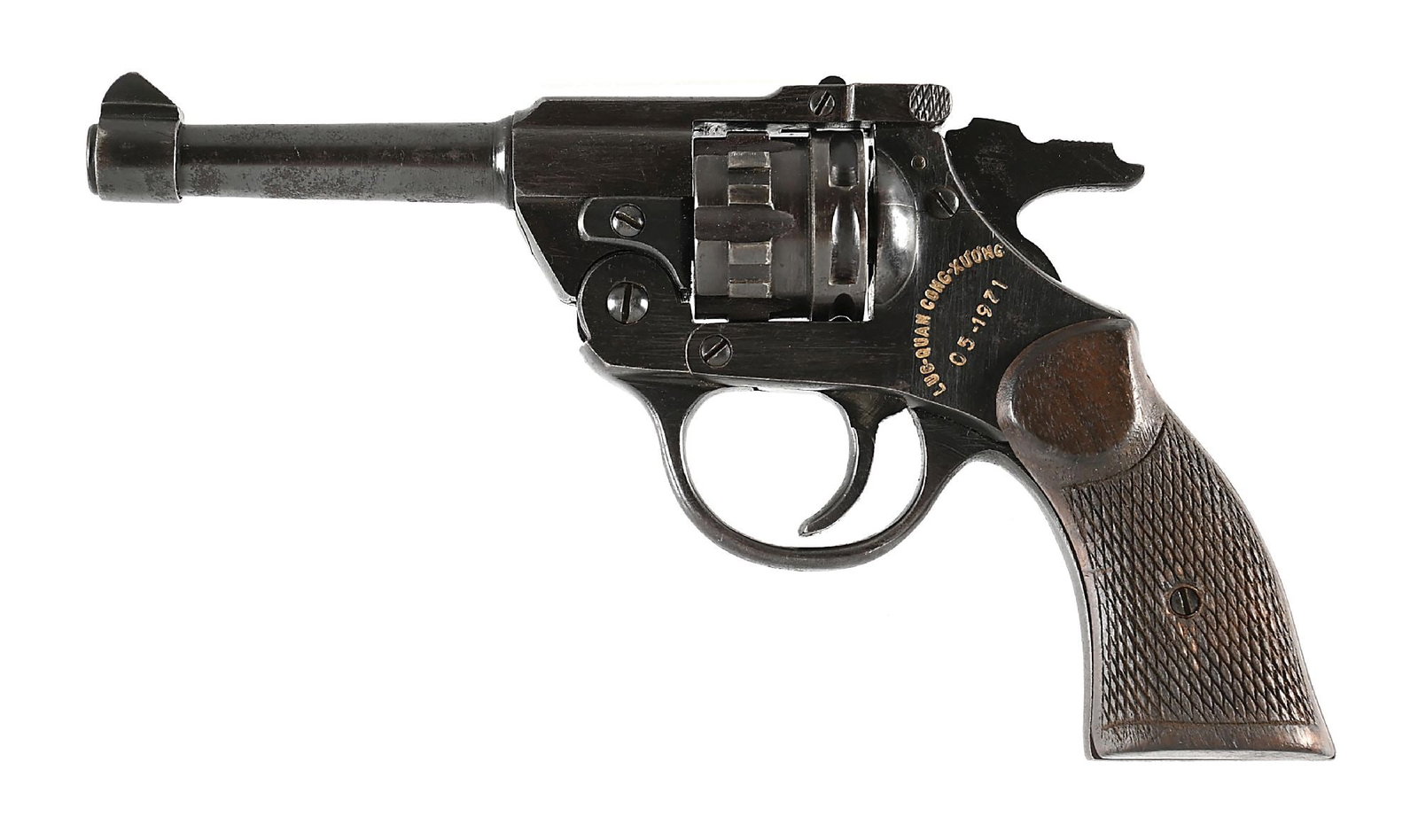 (C) PROTOTYPE SOUTH VIETNAMESE ARMY .22 DOUBLE ACTION REVOLVER WITH PRESENTATION PAPERS..: This extremely rare prototype .22 caliber top break double action revolver is dated "1971" and was manufactured in very limited numbers at the Vietnamese Army Arsenal in Saigon. The left side is the f