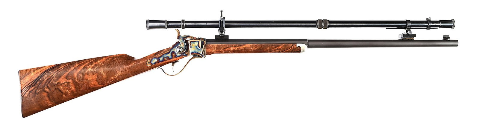(M) BEAUTIFUL DAKOTA ARMS LITTLE SHARPS SINGLE SHOT .218 BEE RIFLE WITH MVA SCOPE.: Manufactured by Dakota Arms of Sturgis, South Dakota as a petite, miniaturized version of the iconic Sharps 1874 rifle. This example has a matte blued target crowned half octagon barrel with tall blad