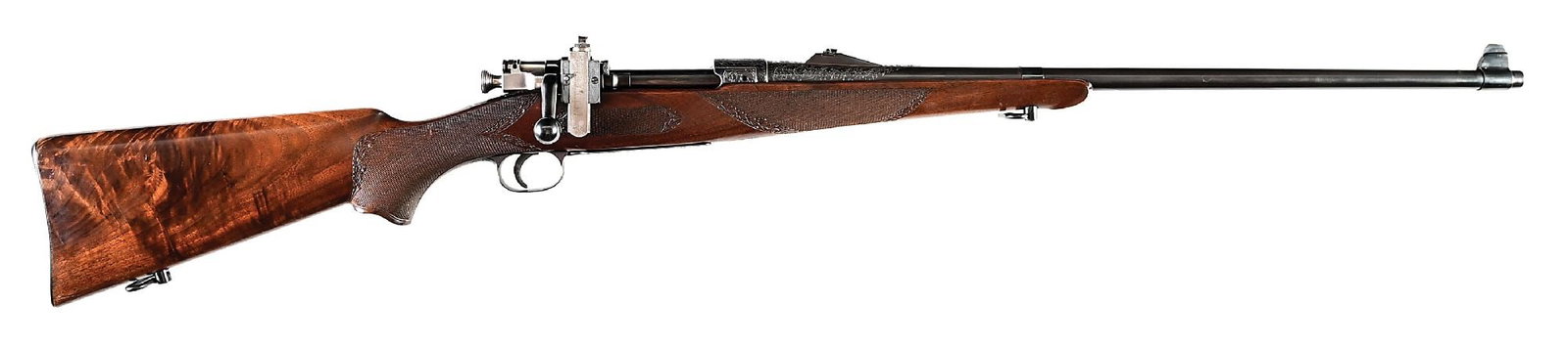 (C) KORNBRATH ENGRAVED SPRINGFIELD 1903 .30-06 BOLT ACTION SPORTING RIFLE: This rifle began life as a 6-19 dated 1903 Springfield. The original barrel was used with the banded front sight and dated with bomb. This cataloger can find no sign of an RK or Kornbrath signature bu