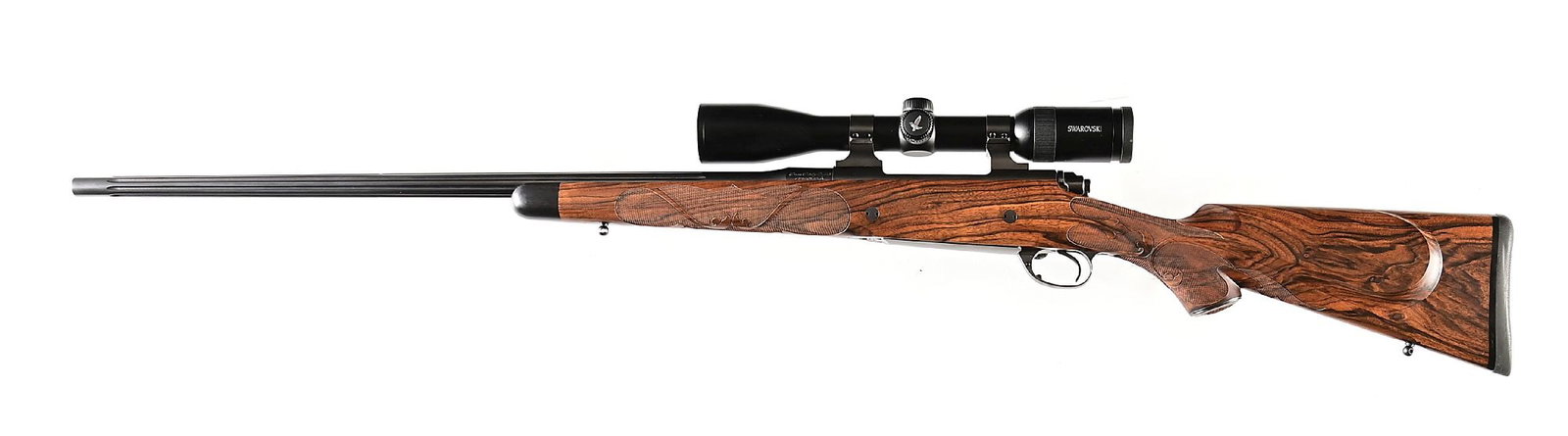 (M) JOHN BOLLINGER .338 RUM BOLT ACTION RIFLE WITH SWAROVSKI GLASS.: John Bollinger is a highly respected name in the custom rifle world and his pieces are excellent. Built with a fluted barrel marked "Three Thirty Eight / Remington Ultra" on left side of shank and "Jo