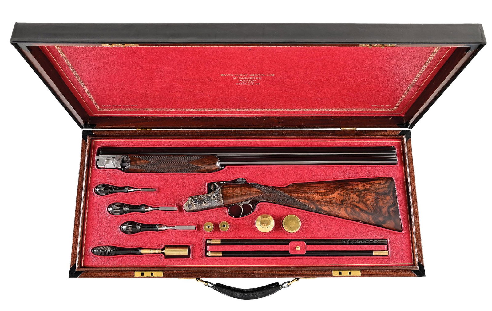 (M) DAVID MCKAY BROWN 12 BORE OVER/UNDER SHOTGUN IN CASE.: This fine gun by this highly regarded Scottish maker, who has been keeping the Dickson round action tradition alive, has 28" demi-bloc barrels mounted with narrow, flat, matted rib. Right side of top 