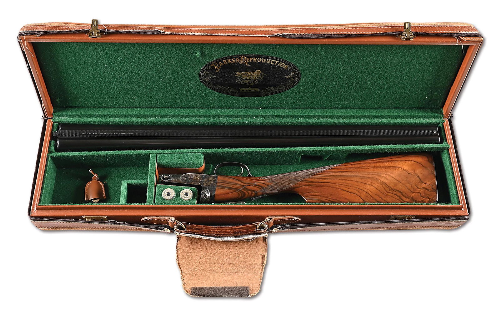 (M) PARKER REPRODUCTIONS DHE 12 BORE SIDE BY SIDE SHOTGUN WITH CASE.: Manufactured under the direction of Winchester as a high quality reproduction of the iconic Parker side by side. The blued barrels have a matted concave rib and mushroom bead front sight. Barrel addre
