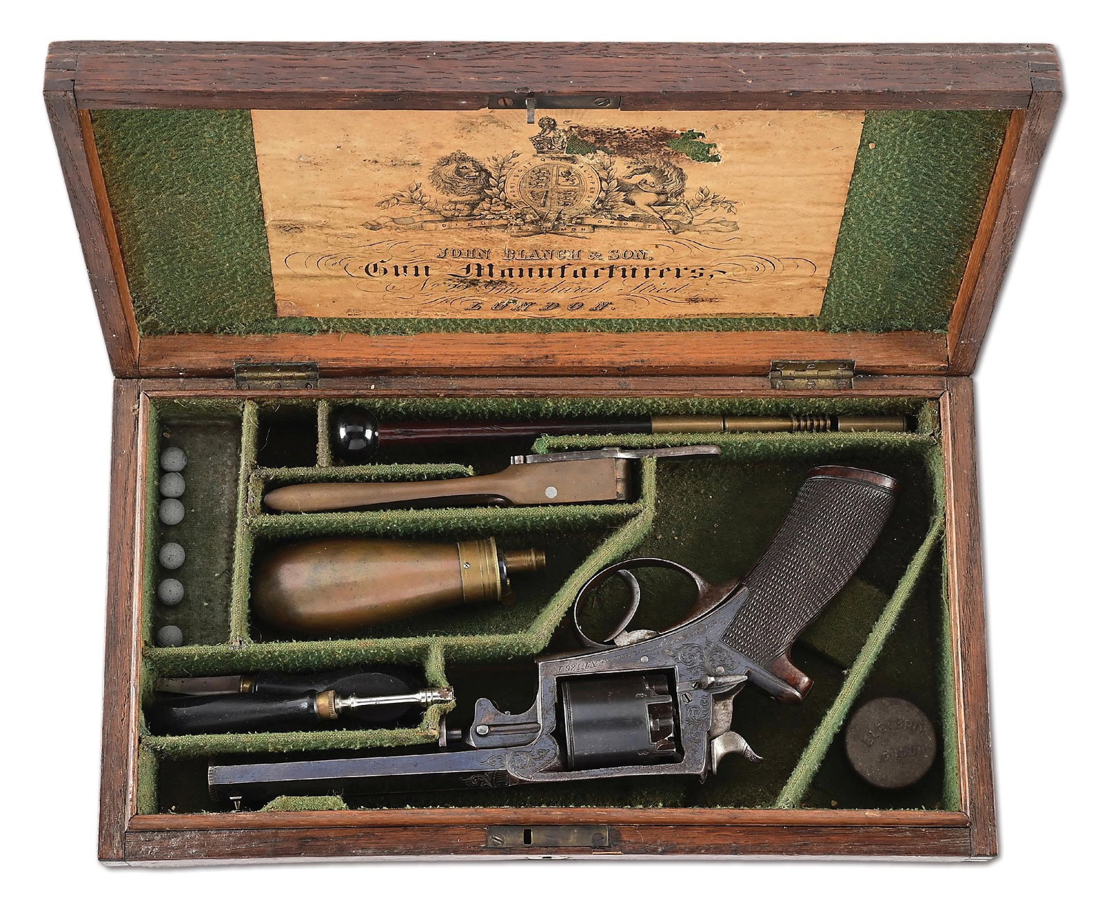 (A) FACTORY ENGRAVED ADAMS & TRANTER PATENT DOUBLE ACTION ONLY PERCUSSION REVOLVER RETAILED BY J.: 4th model with the single trigger, octagonal barrel, dovetailed bead front sight, and one piece checkered walnut grips with metal pommel. The right side of frame is stamped "ADAMS & TRANGERS PATENT N1