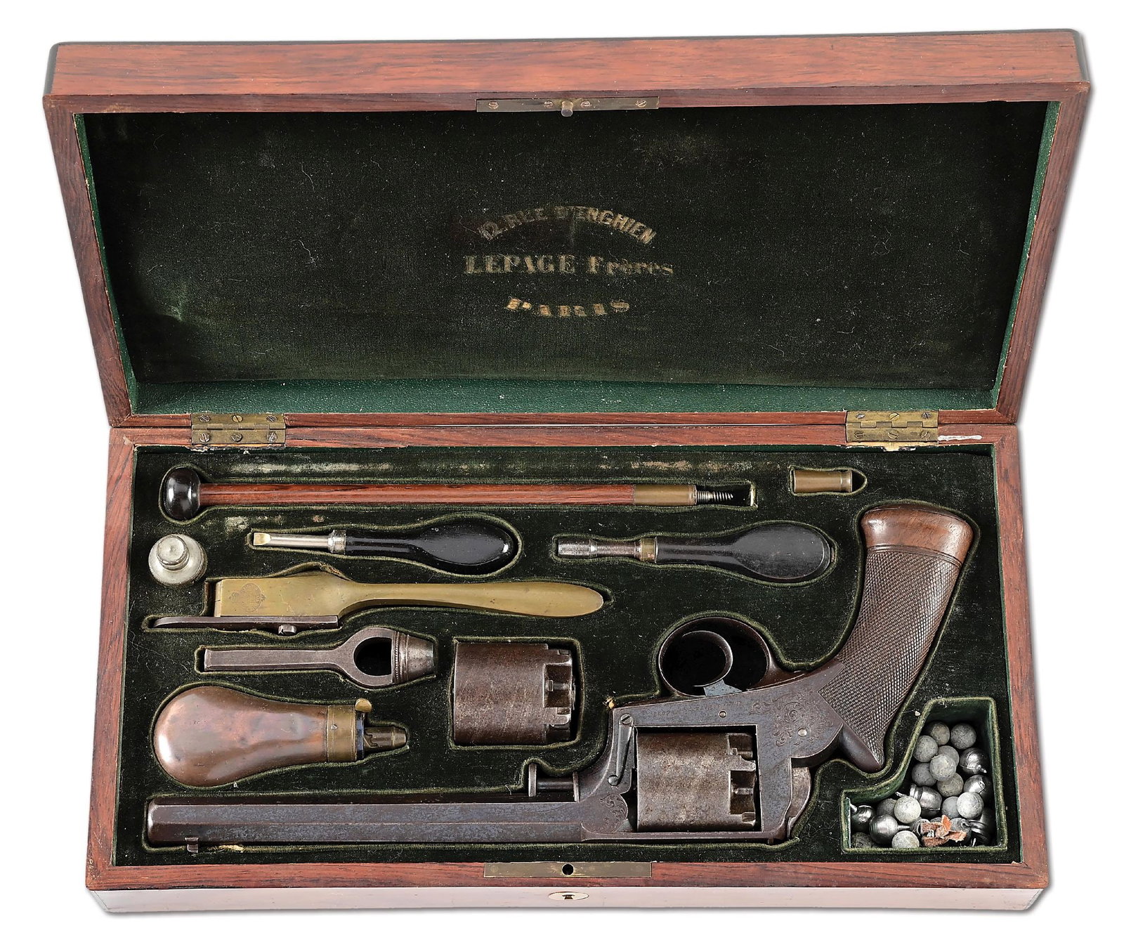 (A) CASED AND ENGRAVED CHARLES DANDOY ADAMS PATENT DOUBLE ACTION PERCUSSION REVOLVER.: Charles Dandoy was registered in Liege from 1846 through 1867. About 1851, he began importing and then, under license, manufacturing the newly developed solid frame Model 1851 Adams patent .500 Dragoo