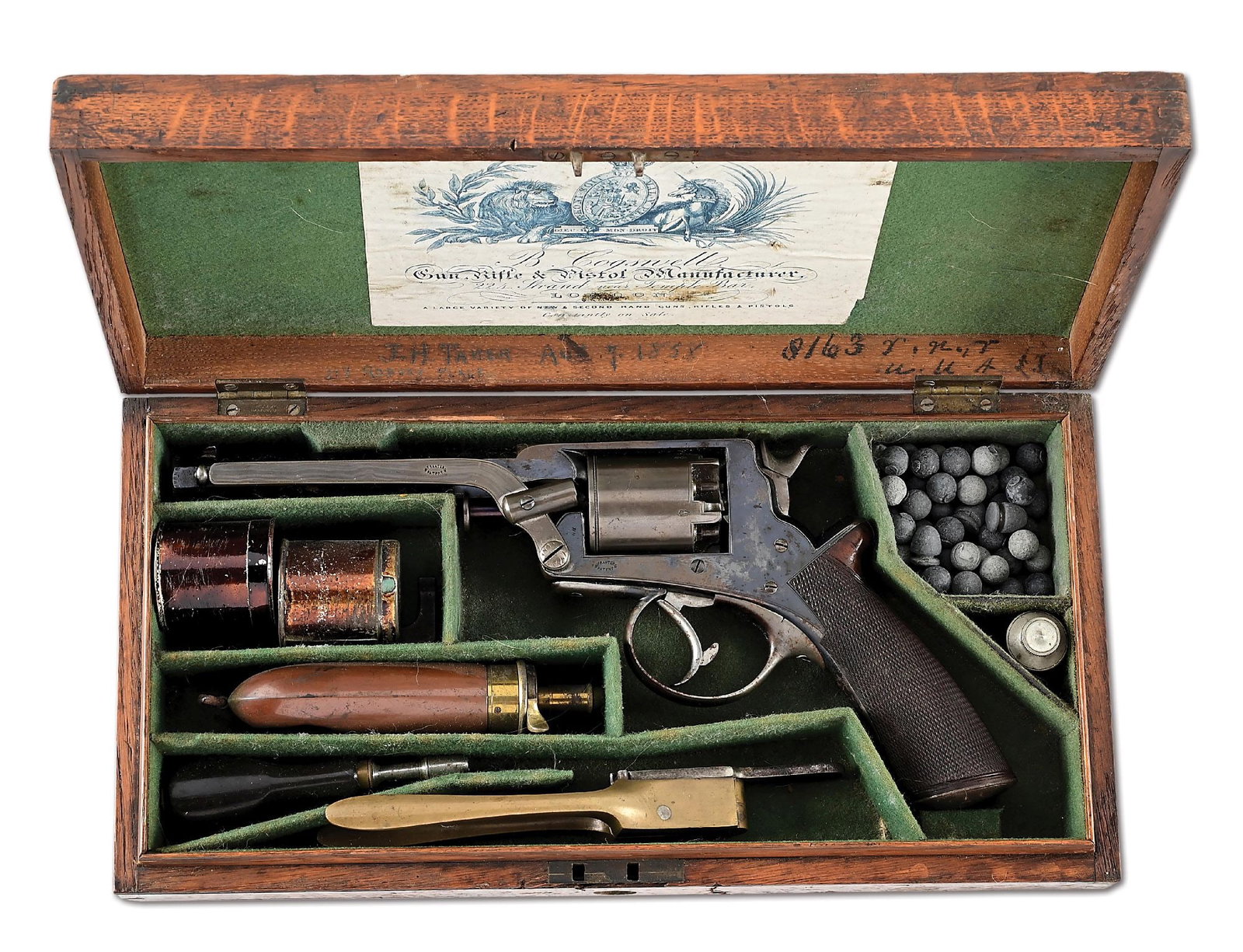 (A) BENJAMIN COGSWELL RETAILED TRANTER PATENT DOUBLE ACTION PERCUSSION REVOLVER WITH CASE. (1 of 12)