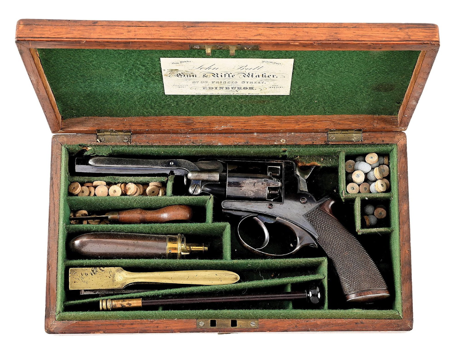 (A) CASED ADAMS PATENT LARGE FRAME DOUBLE ACTION PERCUSSION REVOLVER.: This beautifully finished high polish revolver is stamped "B9077" and "Adams Patent No. 24748R" on the right side of frame. The cylinder is stamped with "24749" matching the patent use number. There a