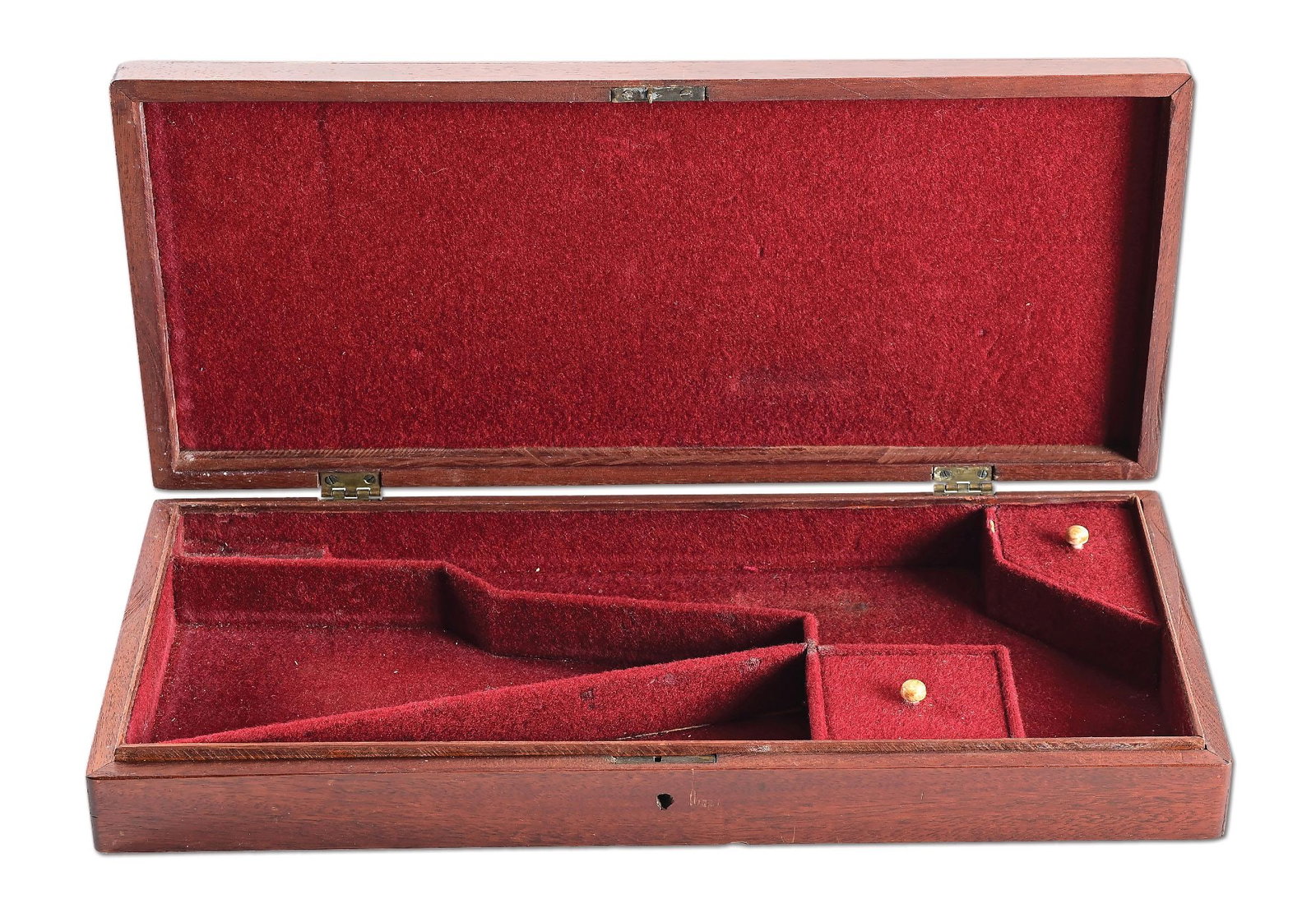 COLT DRAGOON PARTITIONED CASE WITH CAPS: Fine Mahogany Colt partitioned case for 8" Dragoon revolver with red interior and brass furniture. Has partial can of E. Joyce percussion caps with excellent label and a small assortment of period con