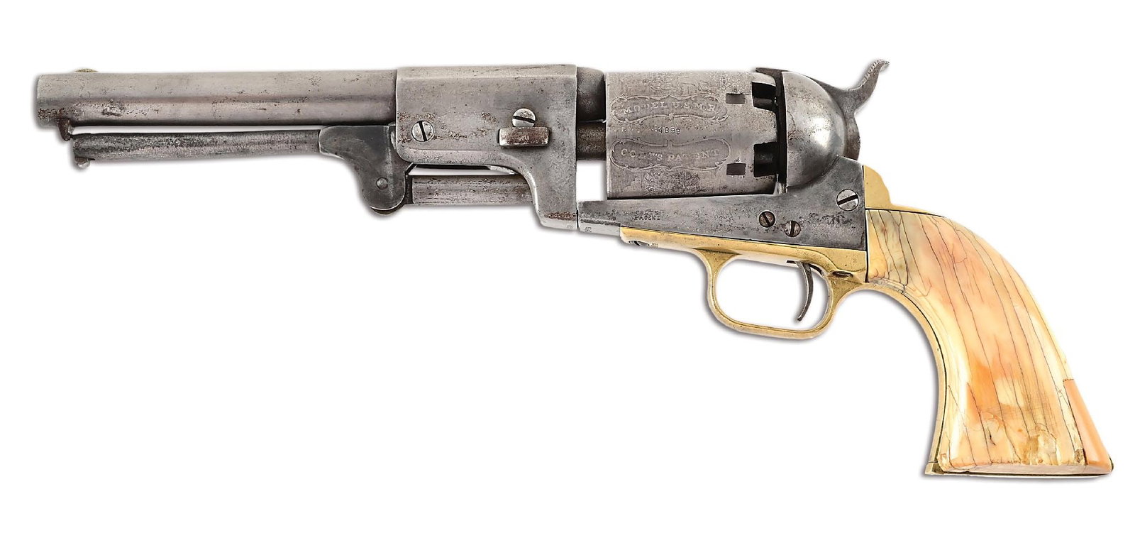(A) COLT THIRD MODEL DRAGOON PERCUSSION REVOLVER.: The gun has all matching numbers, including the wedge. Produced in 1855, this revolver features a New York City barrel address and the cylinder is marked "Model USMR" and "Colts Patent". The frame is 