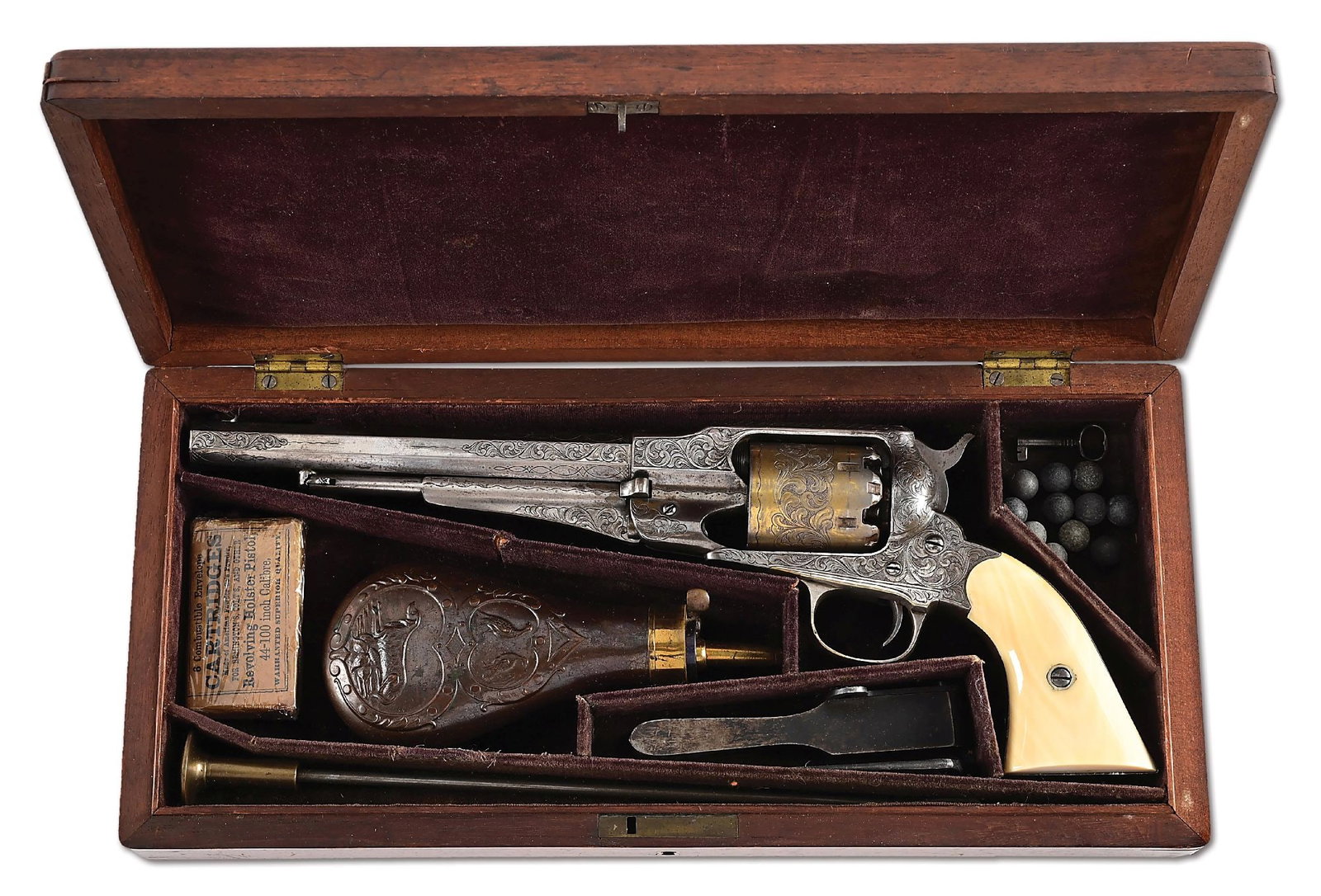 (A) ENGRAVED REMINGTON 1858 NEW MODEL ARMY SINGLE ACTION PERCUSSION REVOLVER WITH CASE.: Superb Remington engraved 1858 Army revolver in original case. Silver and gold finish with octagonal barrel, pinch post front sight, and usual 3-line address. Mounted with very fine, smooth, 2-piece i