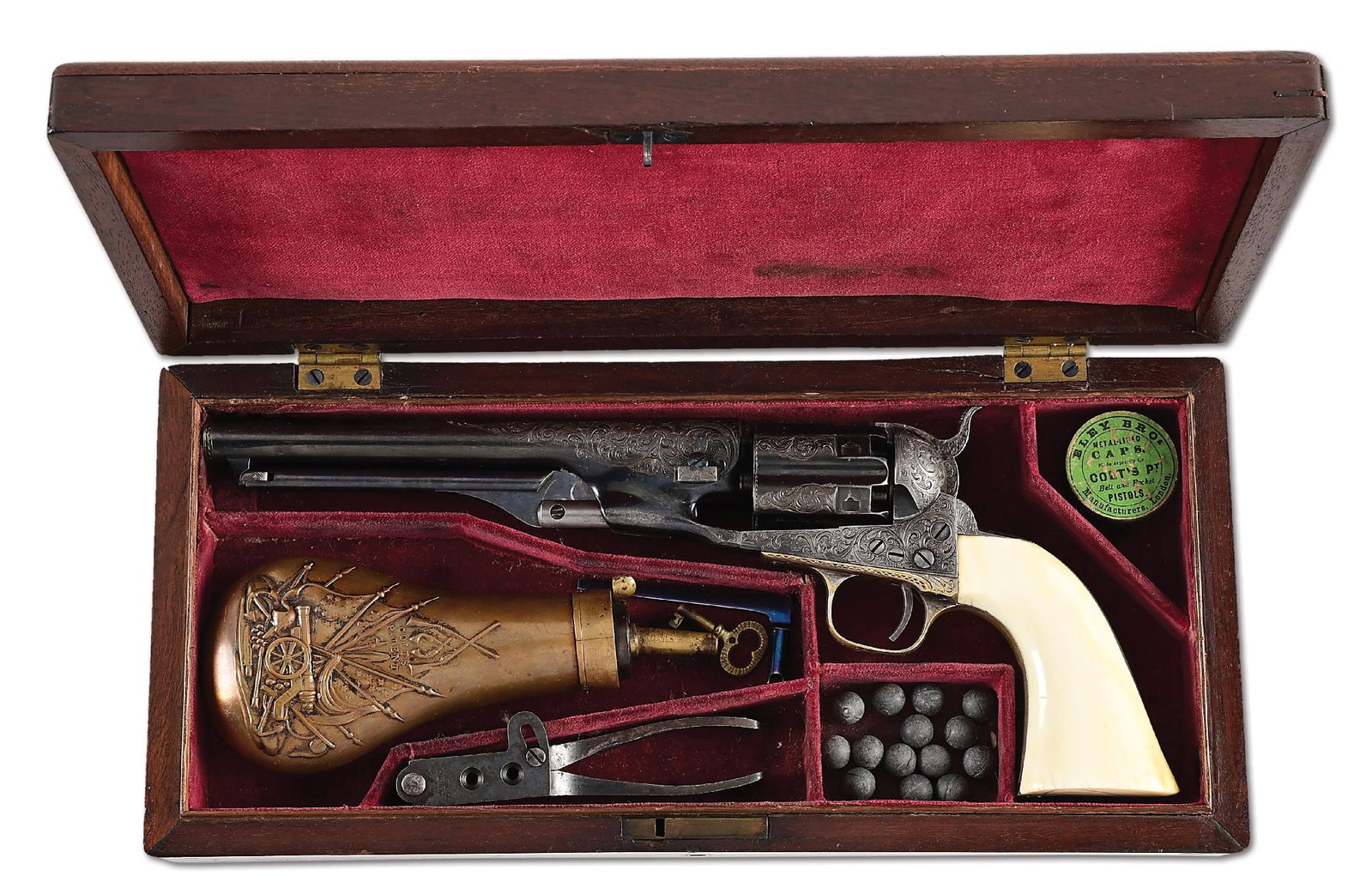 (A) ENGRAVED COLT 1860 FLUTED ARMY SINGLE ACTION PERCUSSION REVOLVER WITH CASE.: Blue and color case hardened with 7 - 1/2" barrel, German silver front sight, and New-York U.S. America address. Left side of frame has "COLTS PATENT" and the silver plated brass trigger guard and ste