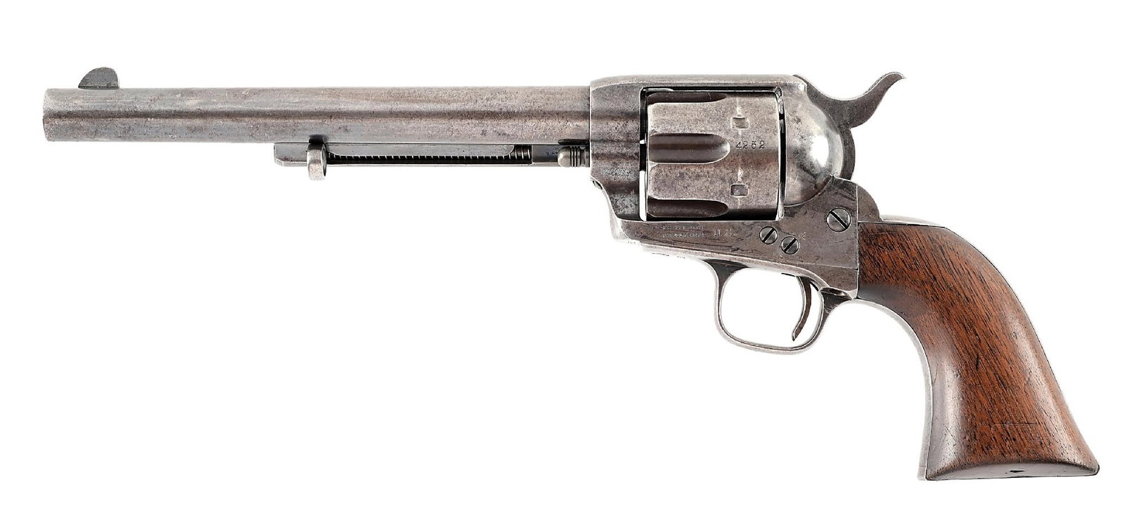 (A) AINSWORTH INSPECTED COLT CAVALRY SINGLE ACTION ARMY REVOLVER: Produced and inspected in 1874, the revolver has the early features of first year production Ainsworth inspected single actions including the early script style barrel address, two line patent marking