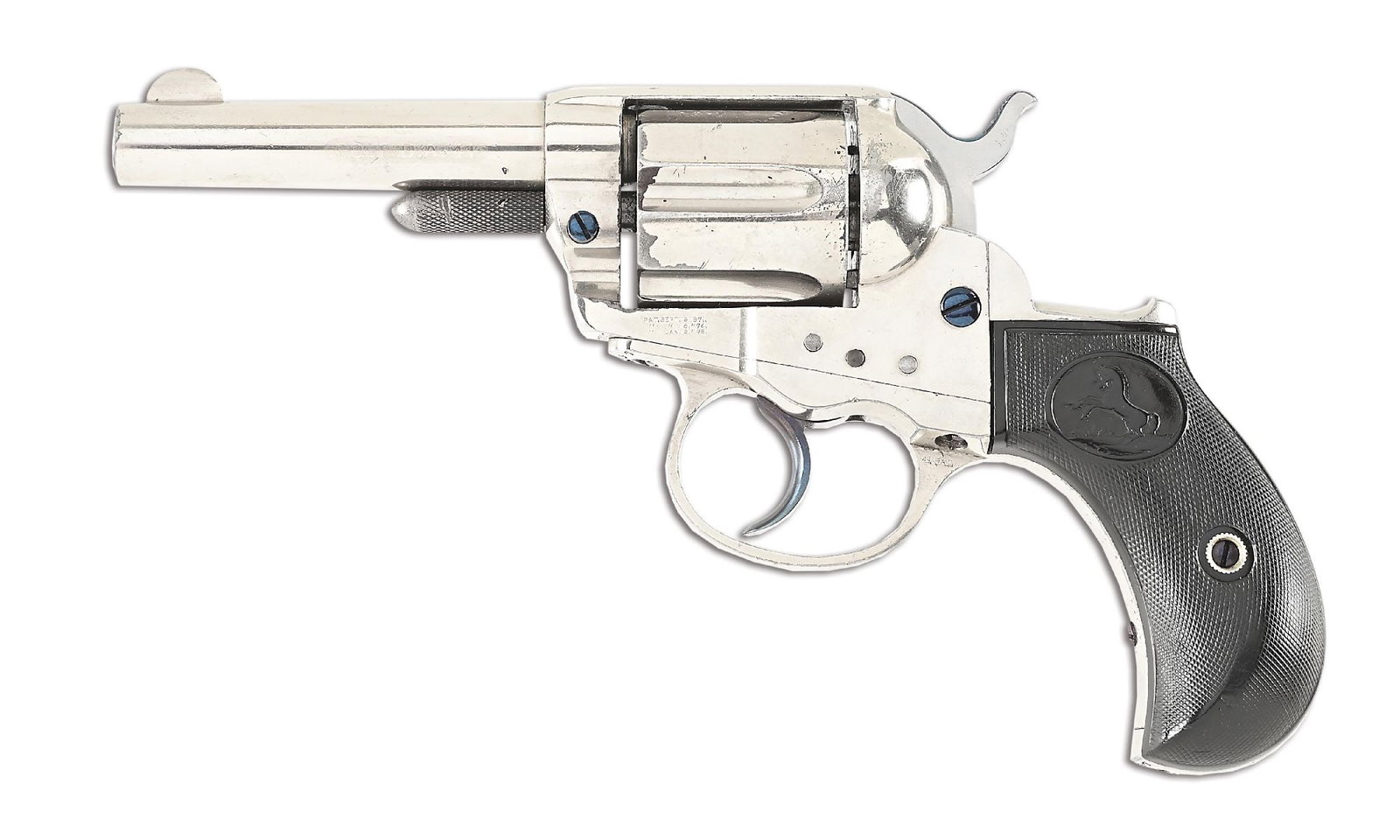 (A) COLT THUNDERER SHERIFF'S MODEL .41 COLT DOUBLE ACTION REVOLVER WITH PINK BOX.: Produced in 1891. This scarce Thunderer Sheriffs' Model revolver features a 3 - 1/2" barrel with two line address and etched panel caliber marking. The three line patent dates appear on the frame. Nic