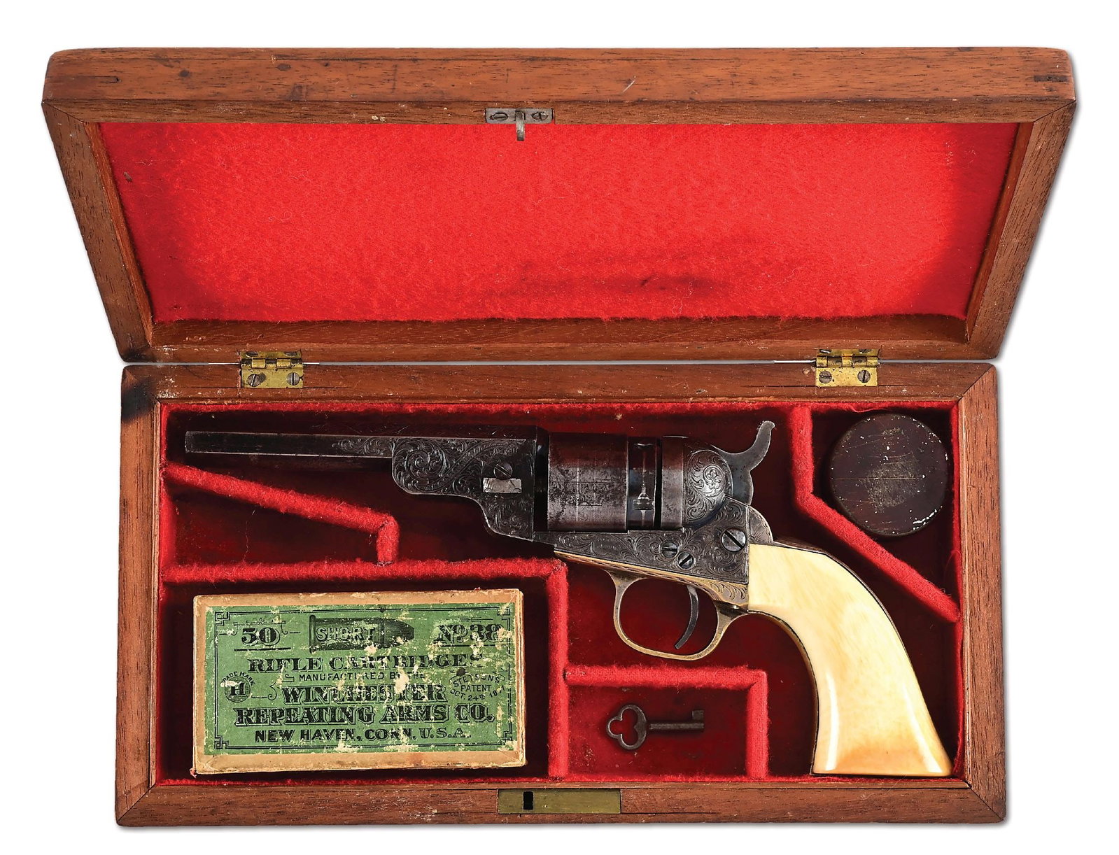 (A) COLT 1862 POCKET CONVERSION SINGLE ACTION REVOLVER IN CASE.: Blue and color case hardened with 4 - 1/2" octagonal barrel, pin front sight, and 1-line “NEW-YORK U.S. AMERICA” address. Left side of frame has tiny engraved “COLTS PATENT” in