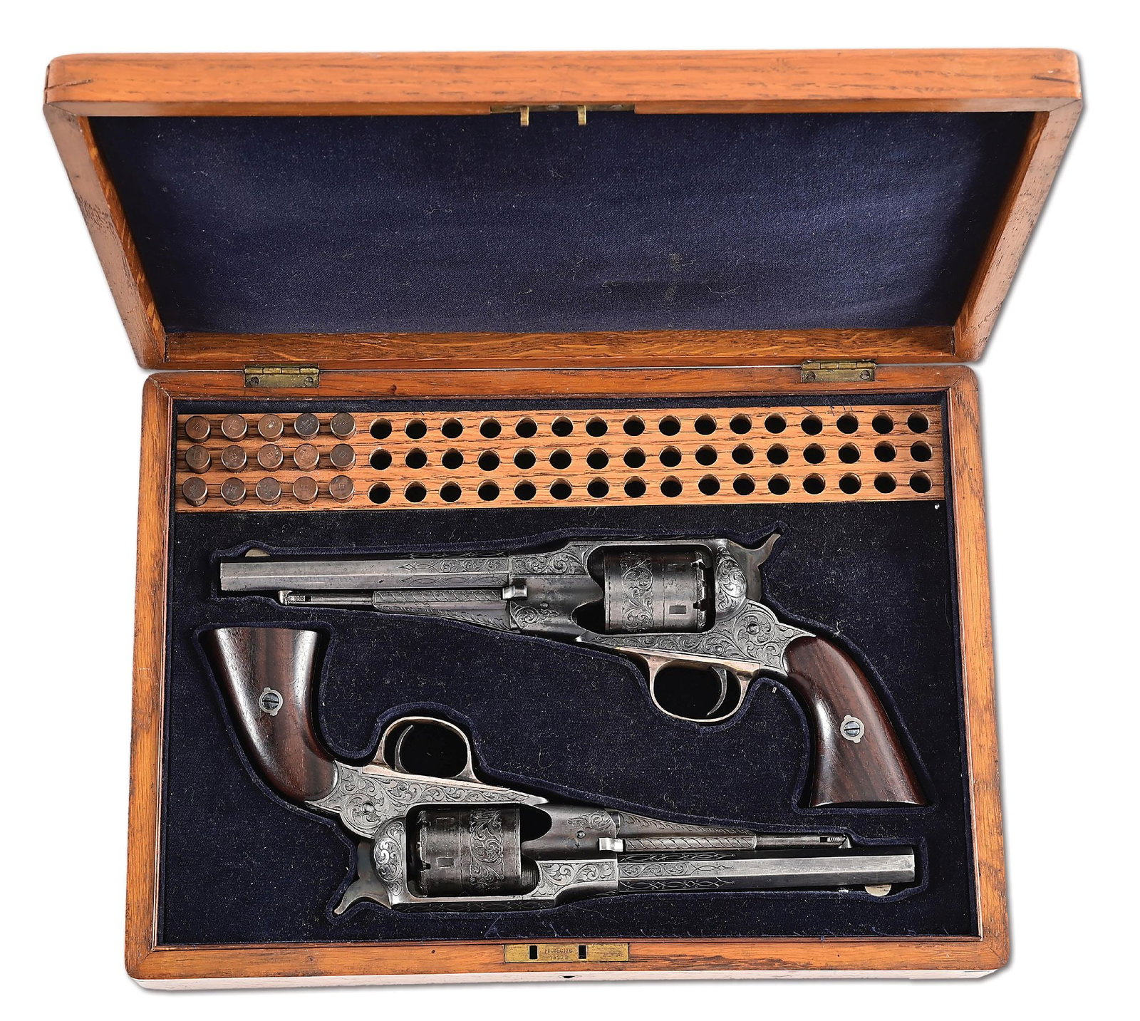 (A) PAIR OF ENGRAVED REMINGTON NEW MODEL BELT MODEL .38 RF SINGLE ACTION REVOLVERS IN FRENCH FITTED (1 of 12)