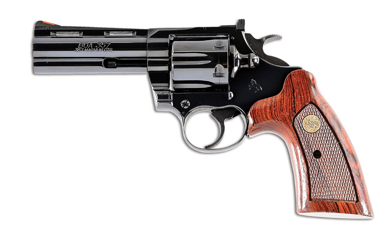 (M) OUTSTANDING AND RARE COLT BOA .357 MAGNUM DOUBLE ACTION REVOLVER WITH ORIGINAL BOX AND: The rarest of the Colt snake guns, just 1,200 were made in a single production run in 1985 for Lew Horton, 100 as cased sets, and 500 of each barrel length. Finished in classic polished royal blue wit