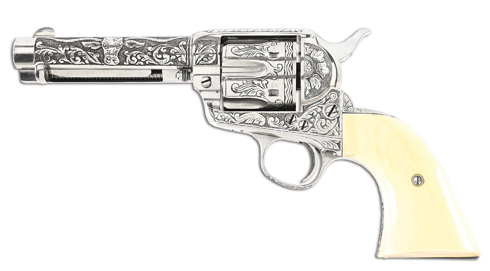 (C) ENGRAVED FIRST GENERATION COLT SINGLE ACTION ARMY REVOLVER.: Produced in 1908, This revolver features a two line address. Matching serial numbers. The revolver has contemporary deep relief engraving on 80% of its surfaces comprised of a steer head and scroll en