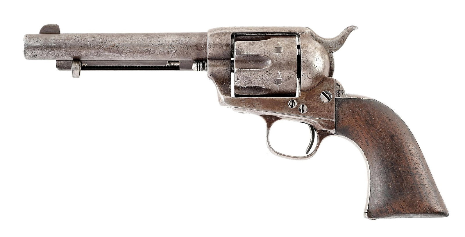 (A) COLT SINGLE ACTION ARMY REVOVLER IN .44-40.: Produced in 1881, this revolver features a one line barrel address. The etched panel caliber designation is absent. The hammer has coarse checkering with a border and a termination line. The frame has