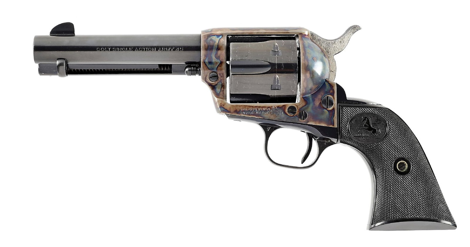 (C) COLT SINGLE ACTION ARMY .45 LC REVOLVER WITH BOX.: Produced in 1960, this revolver features a correct single line address and a thick front sight. The revolver features the standard blue and case color finish. The frame has a two line patent date and 