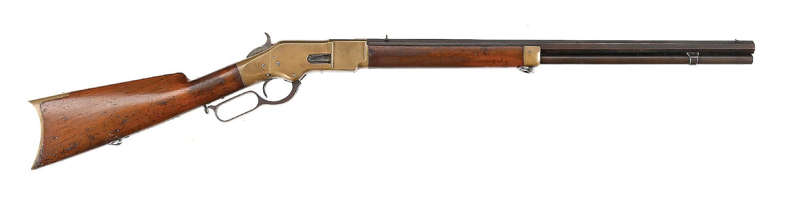 (A) WINCHESTER MODEL 1866 .44 RF LEVER ACTION RIFLE INSCRIBED TO I. CORDEAUX: Manufactured in 1869 with octagon barrel and full length magazine. Gunmetal brass receiver with brass furniture and brass crescent butt plate with trap for the 4 piece Winchester cleaning rod, enclose