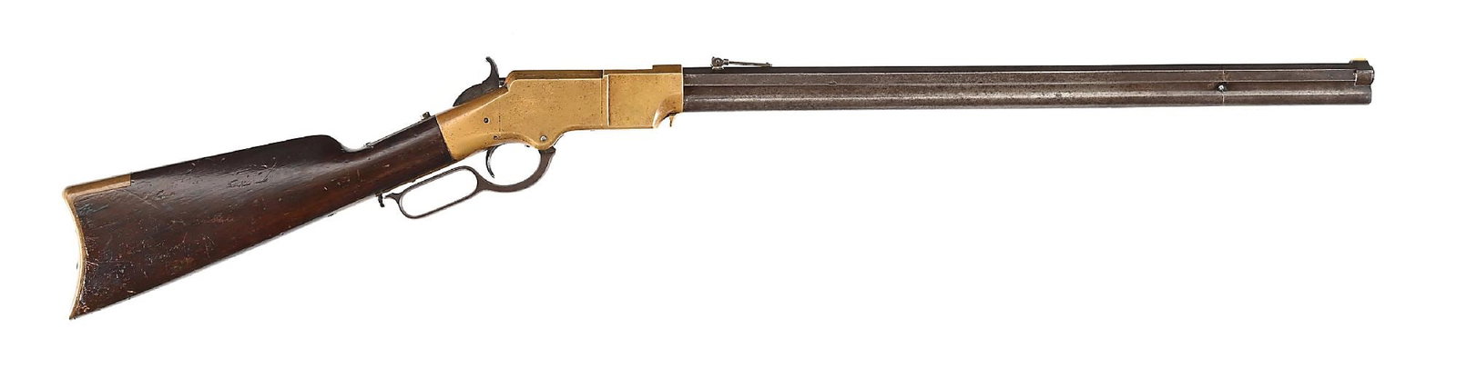 (A) NEW HAVEN ARMS HENRY 1860 LEVER ACTION RIFLE: Manufactured 1864 during the US Civil War. New Haven Arms Henry Rifle in .44 Henry Rimfire with gun metal brass frame. Octagon barrel with gulleted internal magazine under barrel. Integral blade front